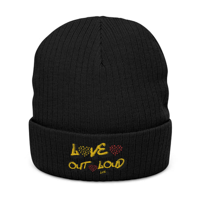 Embroidered 'Love Out Loud' Ribbed Beanie — Cozy Knit Winter Hat with Heart Accent