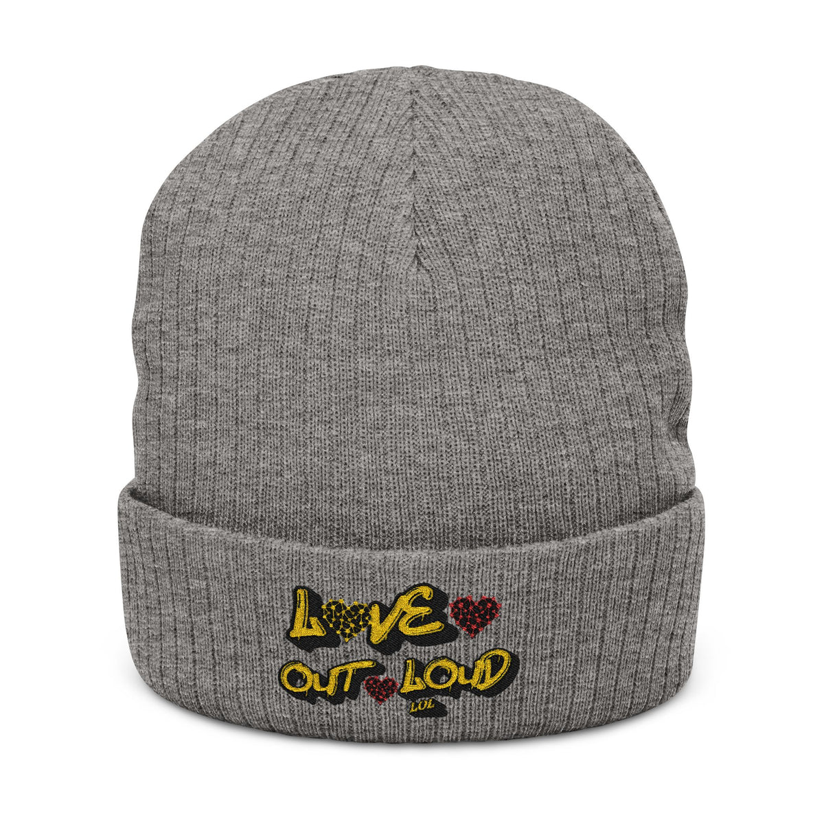 Embroidered 'Love Out Loud' Ribbed Beanie — Cozy Knit Winter Hat with Heart Accent