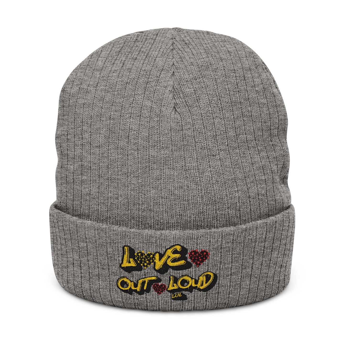 Embroidered 'Love Out Loud' Ribbed Beanie — Cozy Knit Winter Hat with Heart Accent