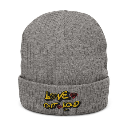 Embroidered 'Love Out Loud' Ribbed Beanie — Cozy Knit Winter Hat with Heart Accent