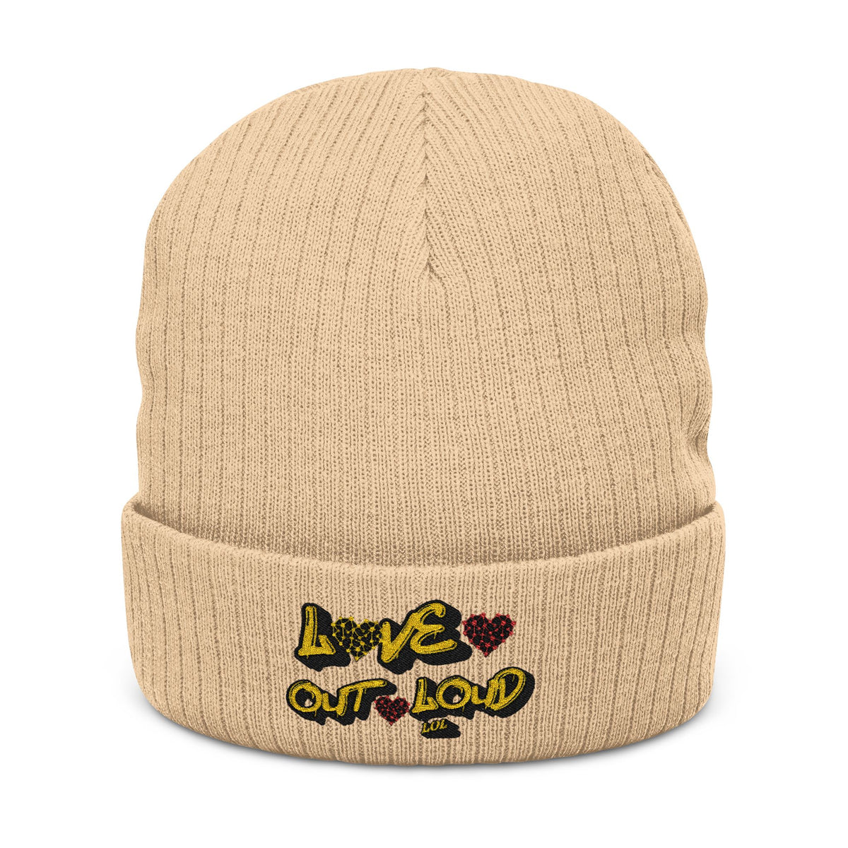 Embroidered 'Love Out Loud' Ribbed Beanie — Cozy Knit Winter Hat with Heart Accent
