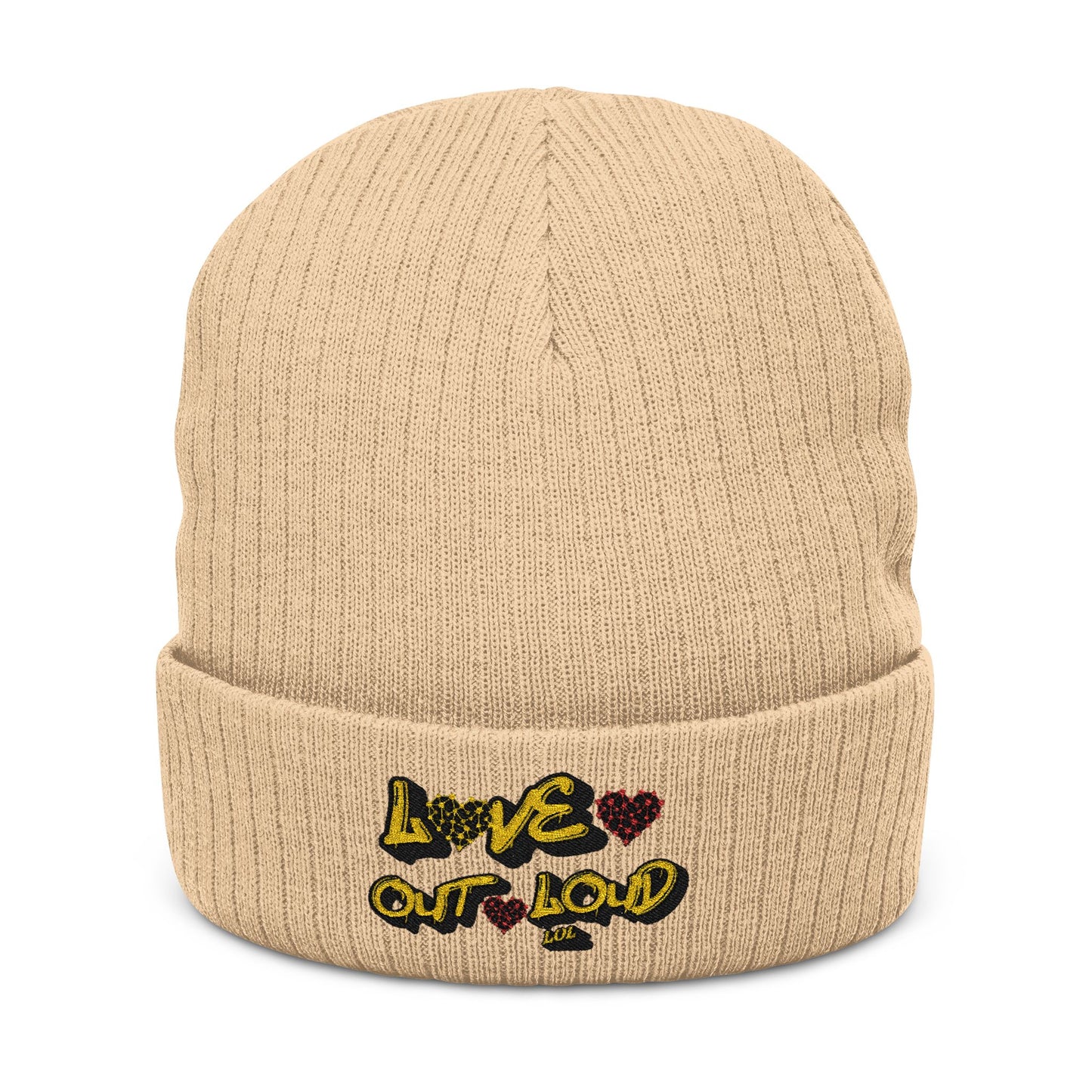 Embroidered 'Love Out Loud' Ribbed Beanie — Cozy Knit Winter Hat with Heart Accent