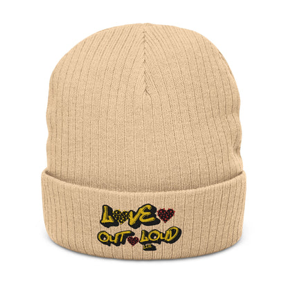 Embroidered 'Love Out Loud' Ribbed Beanie — Cozy Knit Winter Hat with Heart Accent